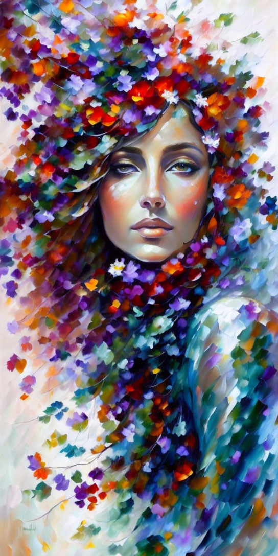 Vibrant painting of woman with flowers in hair and leaf cloak