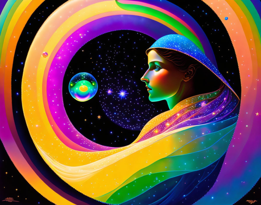 Colorful woman's profile in cosmic background with stars, planets, and rainbow swirls