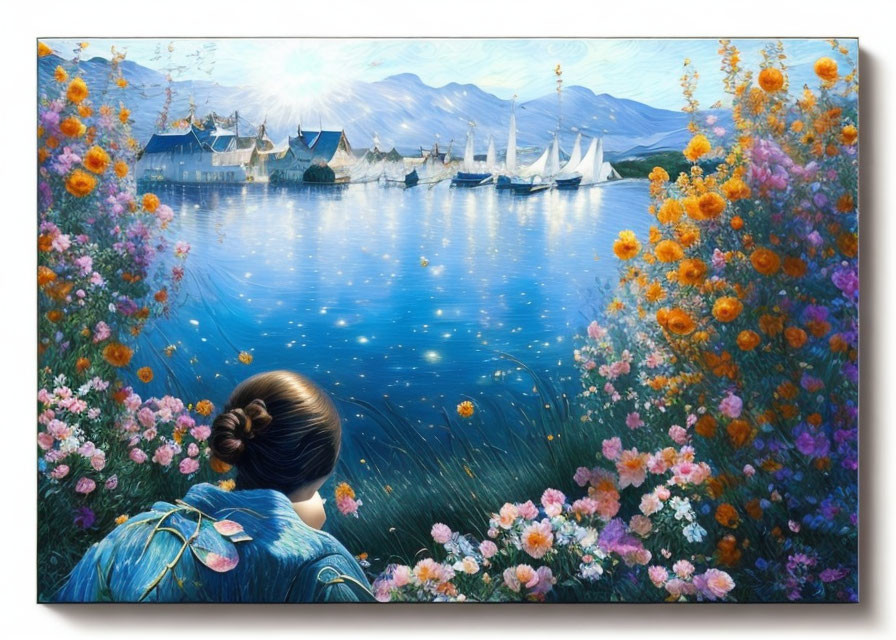 Tranquil lake scene with blooming flowers, mountains, and sailboats