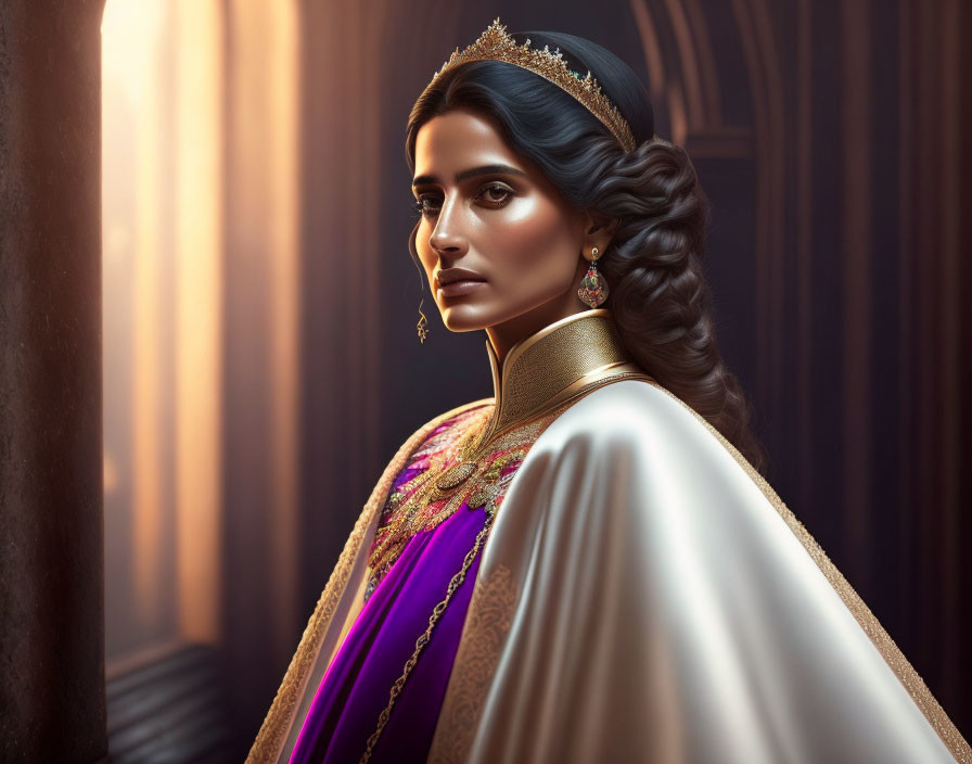 Regal woman in purple dress with golden tiara and jewelry gazes sideways