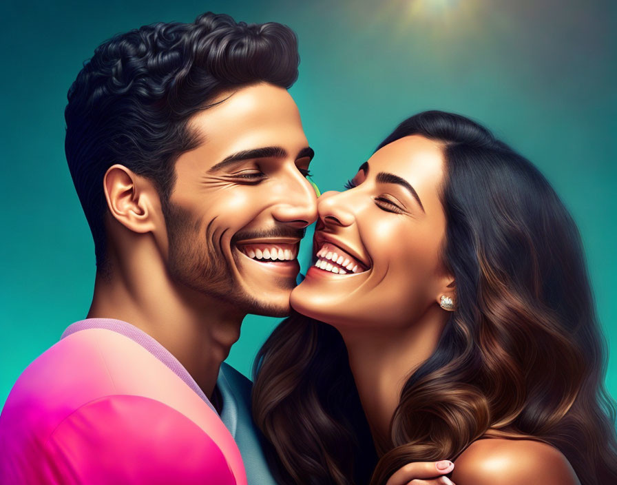 Colorful digital illustration of smiling couple in close embrace