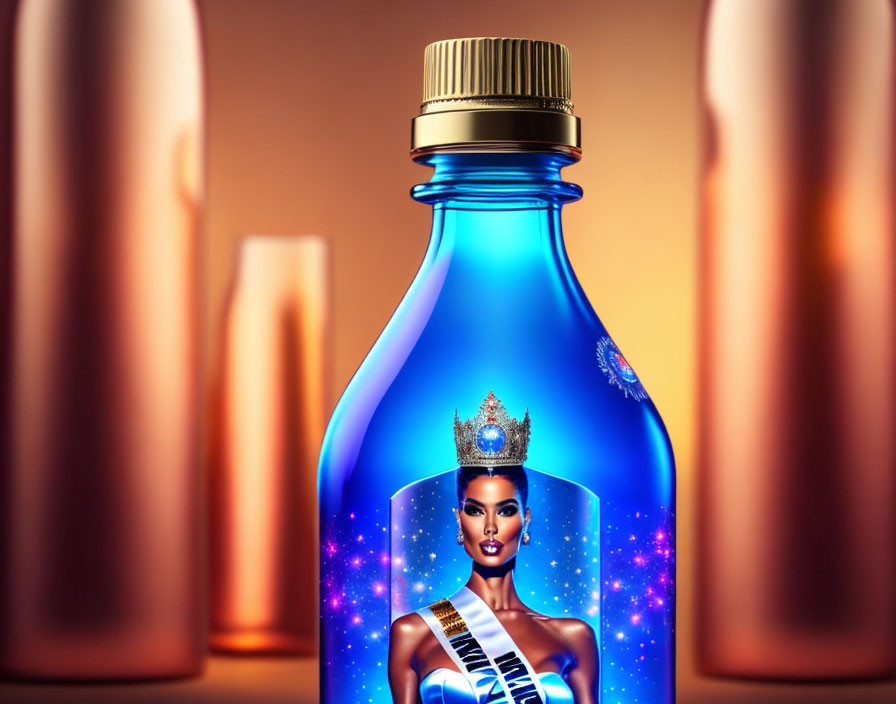 Illustration of blue bottle with pageant queen, bronze bottles in background