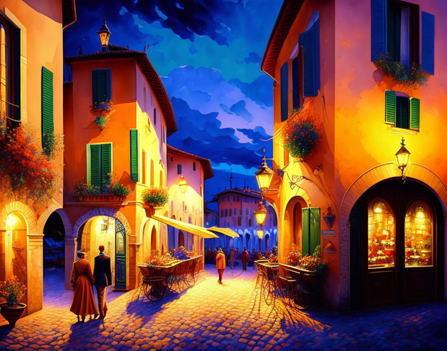 Quaint town evening street scene with lit shops & cobblestones