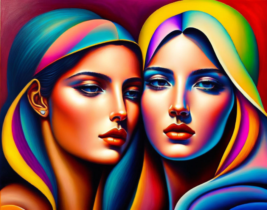 Colorful painting of two women with stylized features and rainbow headscarves gazing left