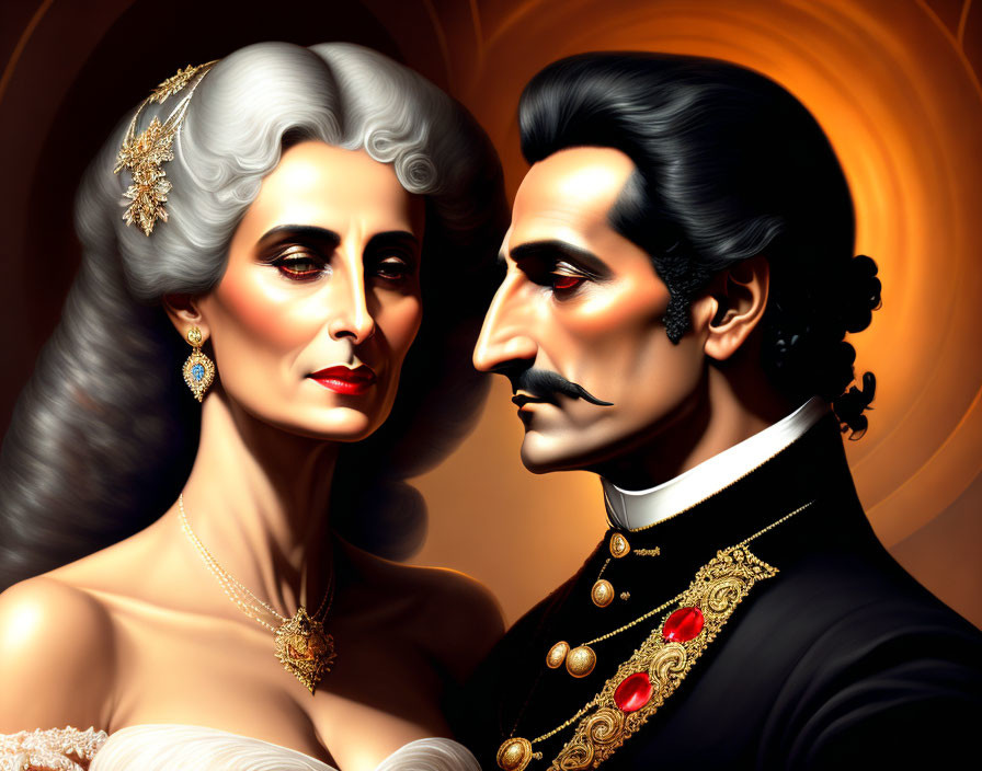 Regal couple illustration: woman with grey hair and tiara, man in military uniform.