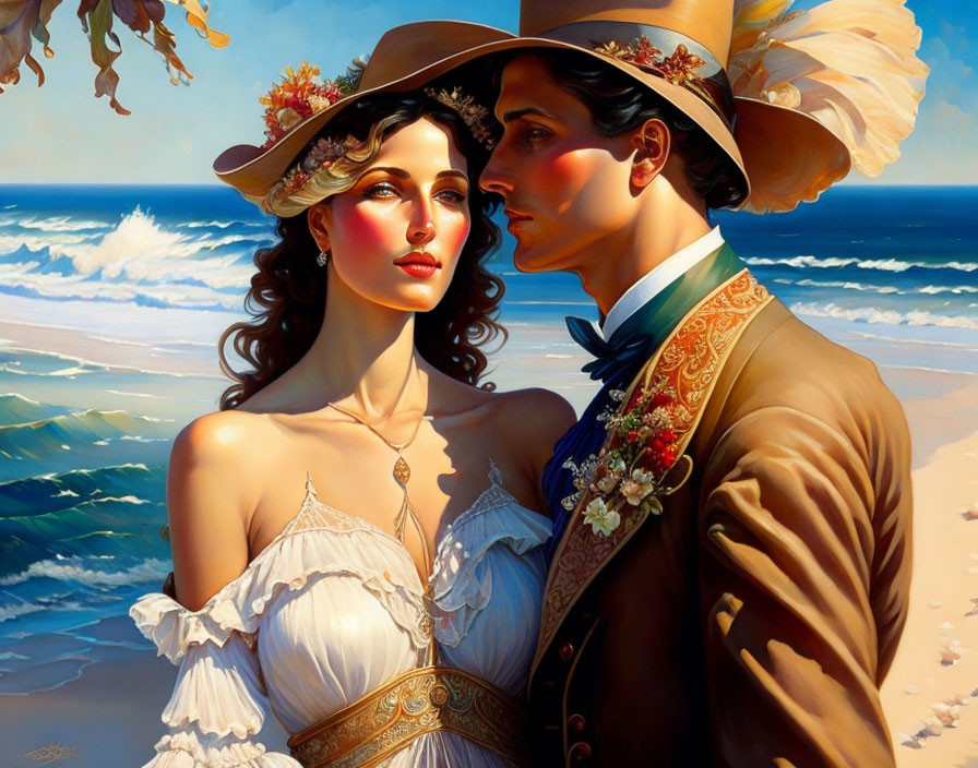 Victorian-era couple illustration by the sea under clear blue sky