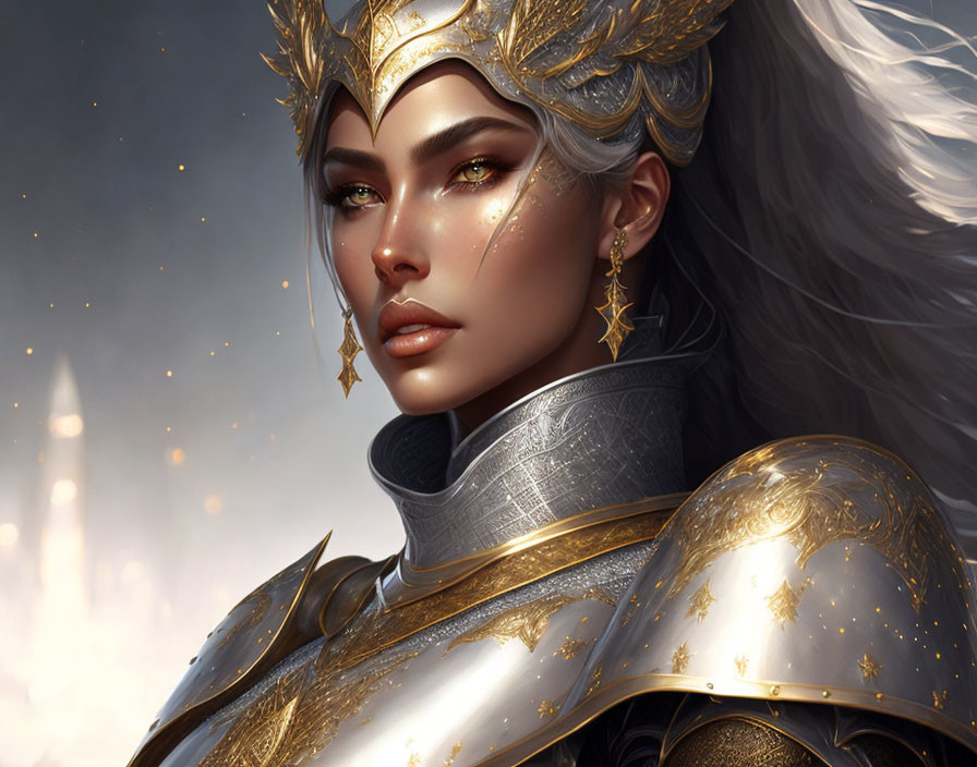 Female warrior in golden armor with white flowing hair against castle backdrop