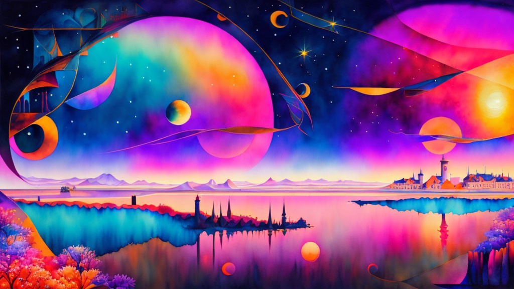 Colorful Fantasy Landscape with Cosmic Elements and Serene Lake