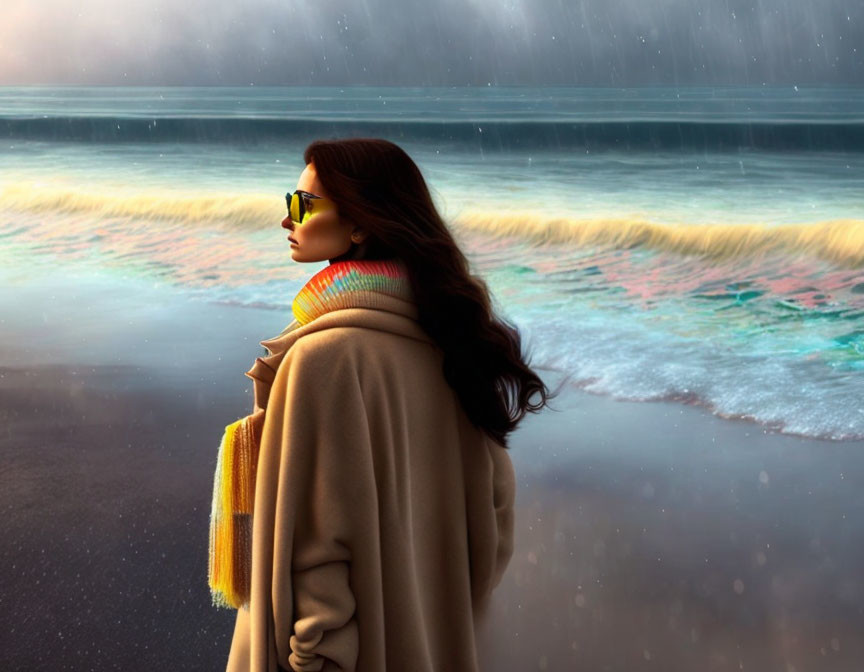 Woman in Sunglasses and Scarf Contemplating Stormy Sea