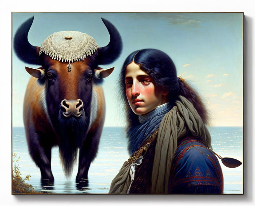 Surreal painting: woman in blue robe with bull in sunhat under clear sky