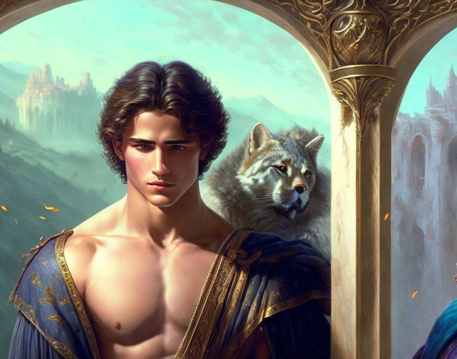Curly-Haired Young Man with Wolf by Archway and Fantasy Castle