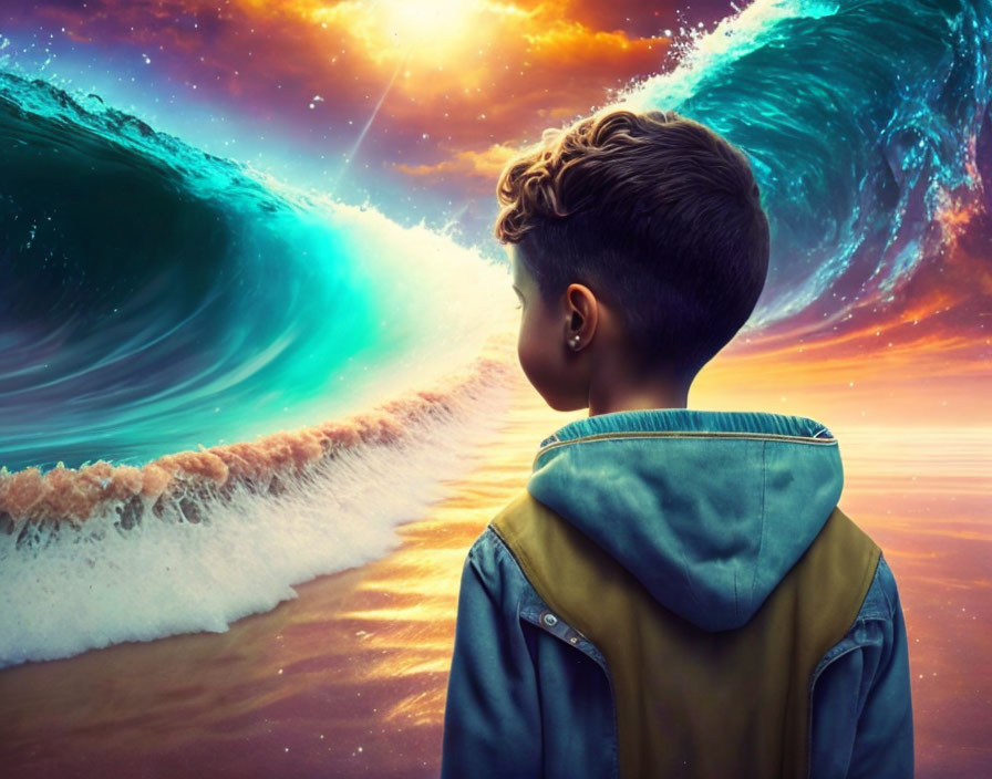 Child observing surreal beach scene with towering wave and dramatic sky