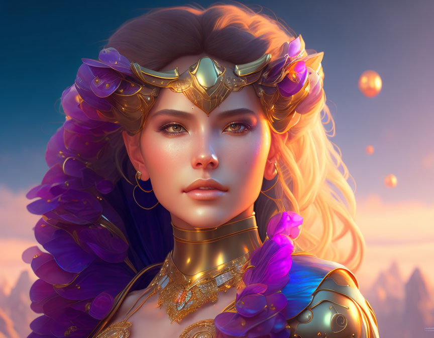 Illustrated female figure with golden crown and feathered armor in dreamy sky.