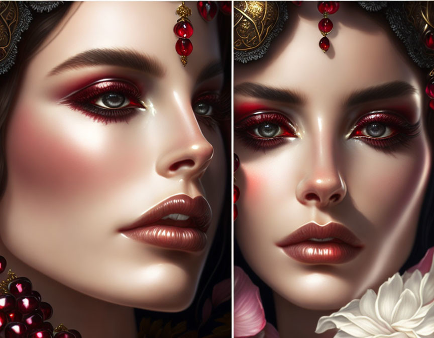 Digital Art Diptych: Woman with Red Eye Makeup and Golden Headpieces