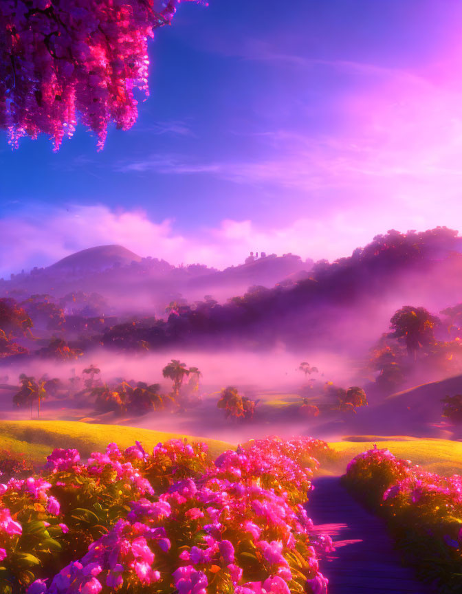 Scenic landscape with pink and purple hues, blooming flowers, fog, and rolling hills