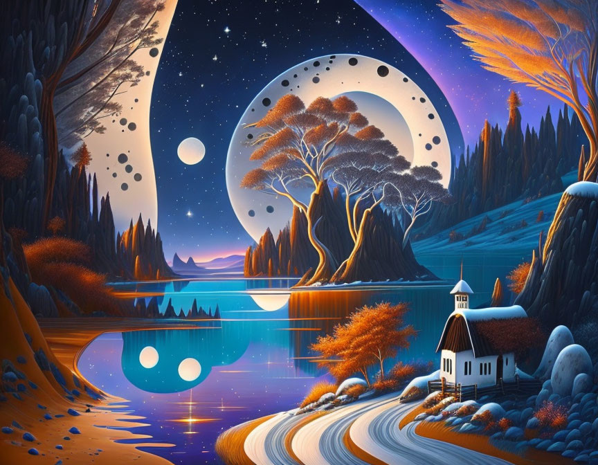 Fantasy landscape with starry sky, moons, reflective lake, whimsical trees, and church.