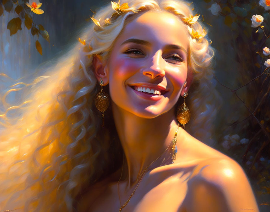 Blonde woman with floral crown in warm sunlight smiling.