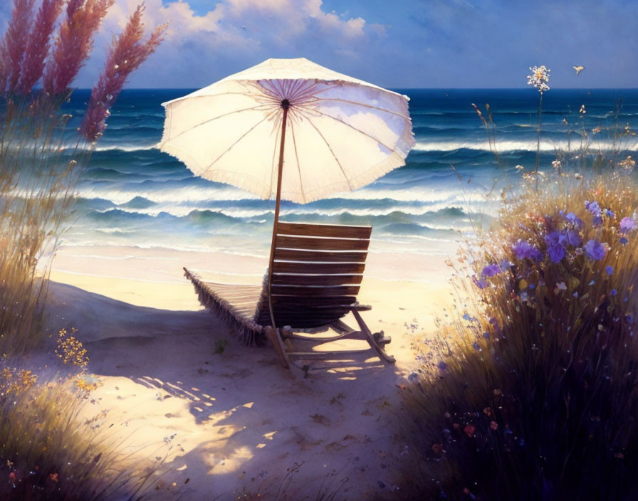 Tranquil beach landscape with lounge chair, umbrella, wildflowers, ocean waves, and clear sky