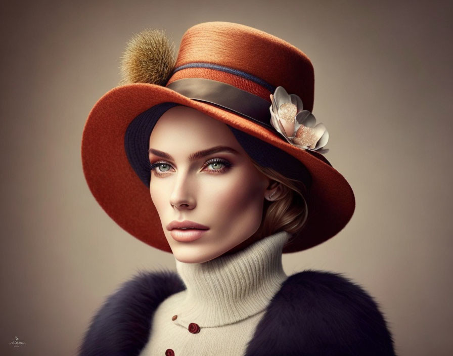 Portrait of woman with blue eyes in orange hat with ribbon, flowers, and fur collar