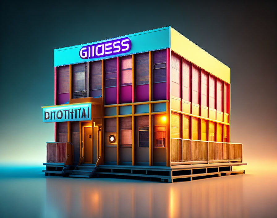 Colorful Neon-Lit Two-Story Building Illustration