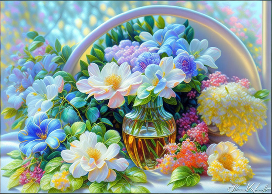 Colorful bouquet painting with blue, white, and yellow flowers in glass vase