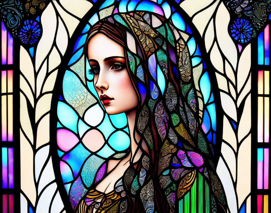 Illustration of woman in headscarf & detailed attire against stained-glass window.