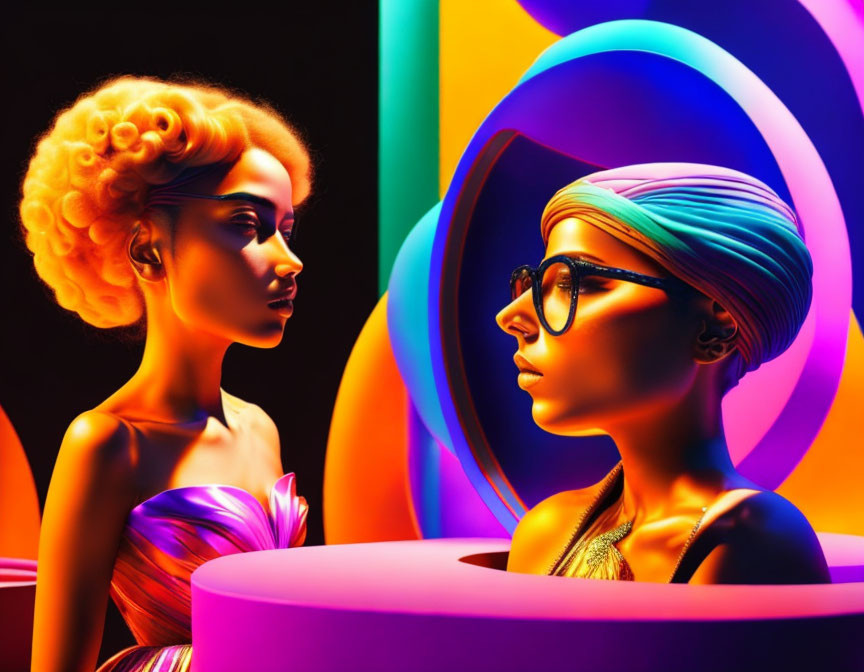 Abstract art: Stylized women with vibrant colors and abstract shapes