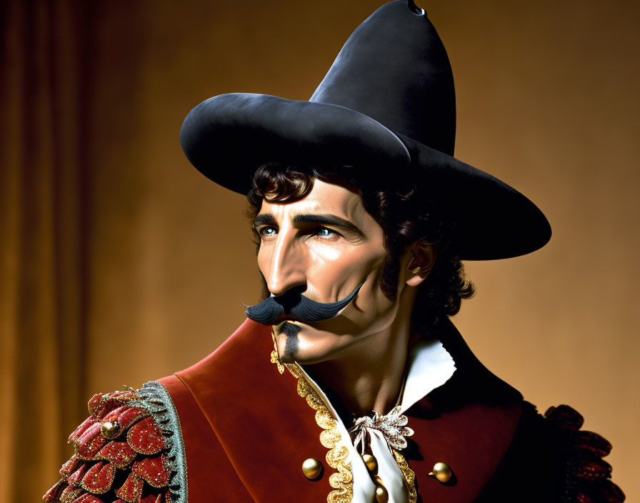 Stylized portrait of man in musketeer costume with wide-brimmed hat and curled
