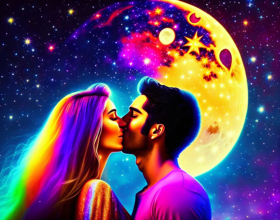 Colorful digital artwork: couple kissing under cosmic sky
