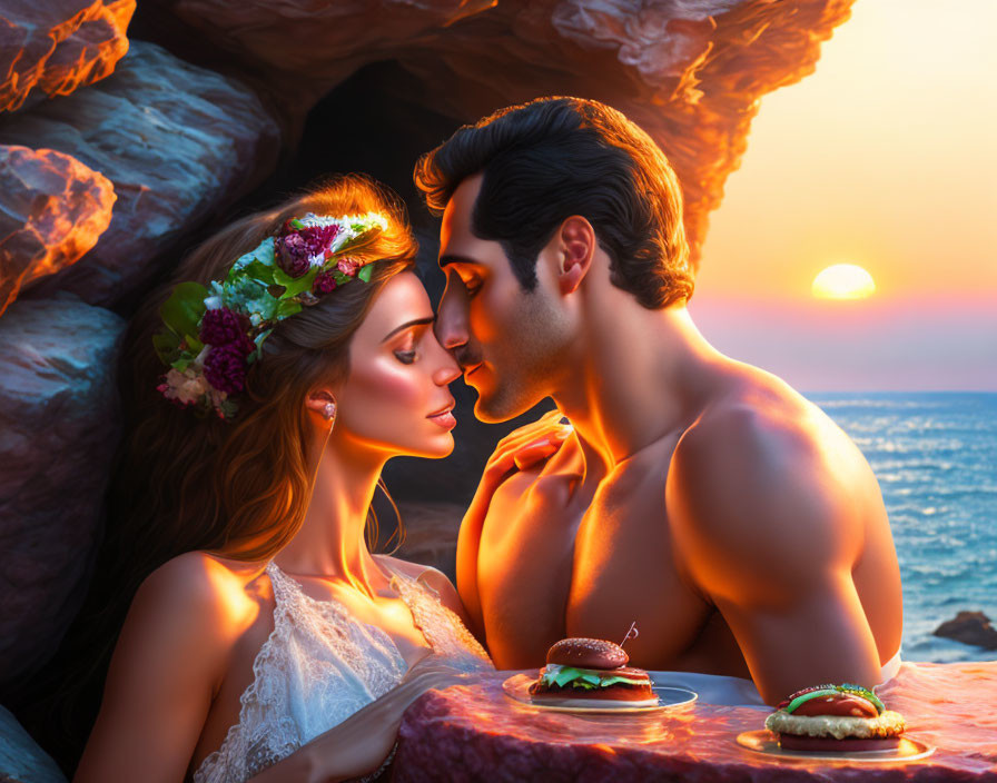 Romantic couple enjoying burgers at ocean sunset