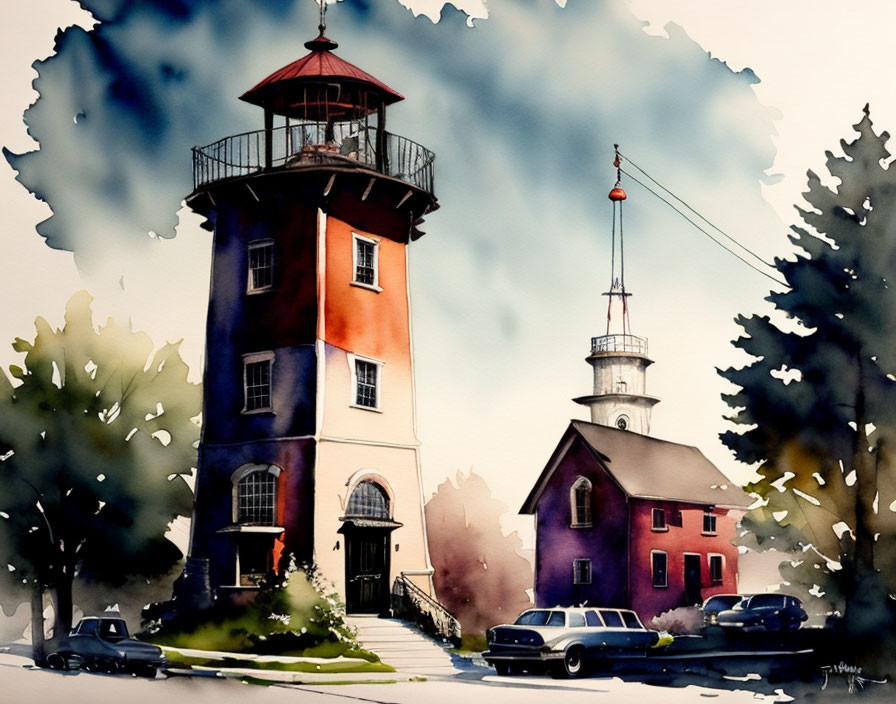 Tall Red and Blue Lighthouse Watercolor Painting