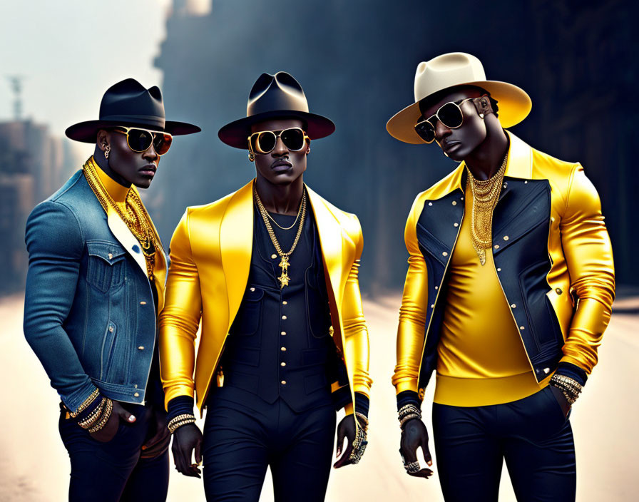 Three Men in Matching Yellow Shirts, Black Pants, Denim Jackets, Gold Jewelry, and Wide