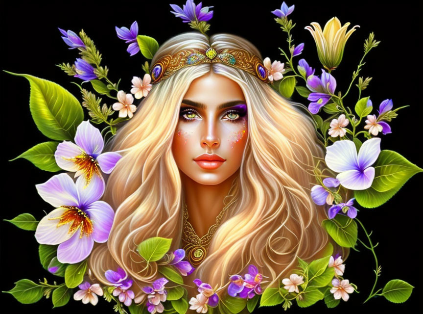 Blonde woman with floral headpiece in vibrant flower setting