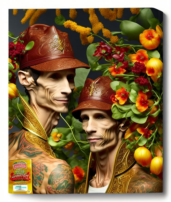 Stylized characters with ornate headgear and tattoos in a vibrant floral setting.