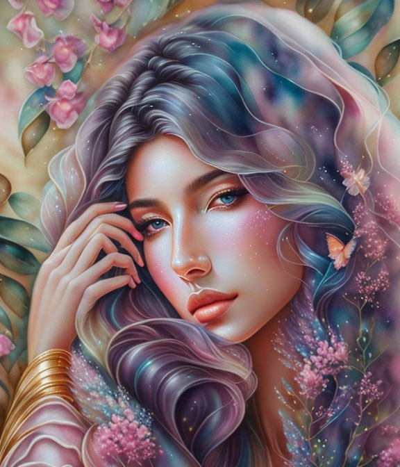 Fantasy illustration: Woman with multicolored hair, flowers, butterflies