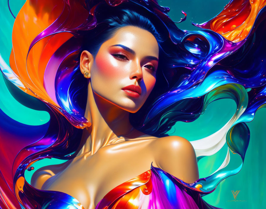 Colorful digital artwork: Woman with flowing, paint-like hair on turquoise backdrop