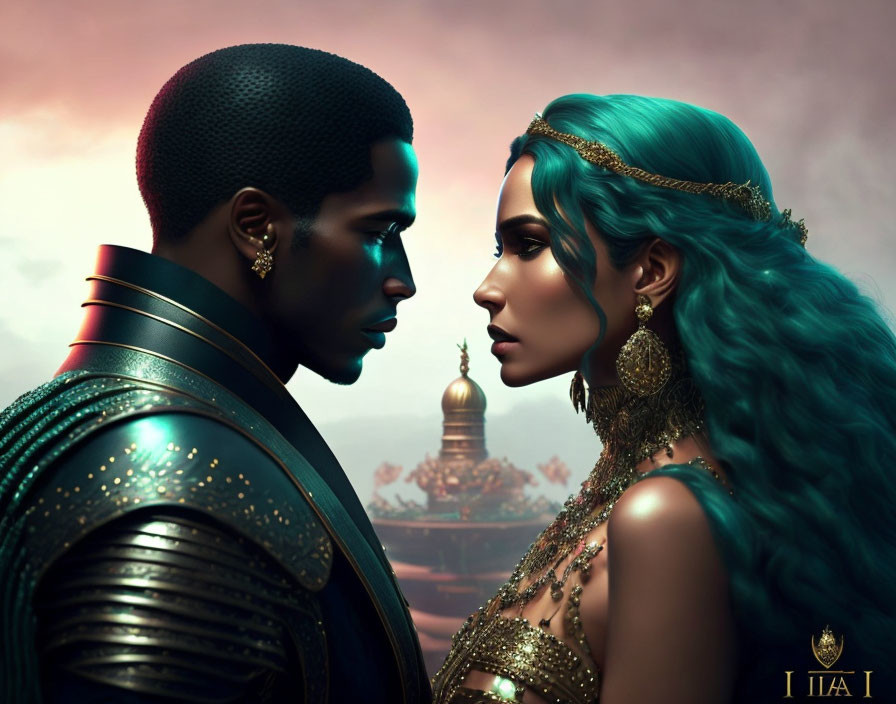 Digital illustration: Man in armor and woman with turquoise hair in twilight setting.