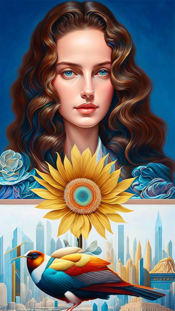 Surreal portrait of woman with cascading curls and sunflower collar, vibrant blue eyes, bird