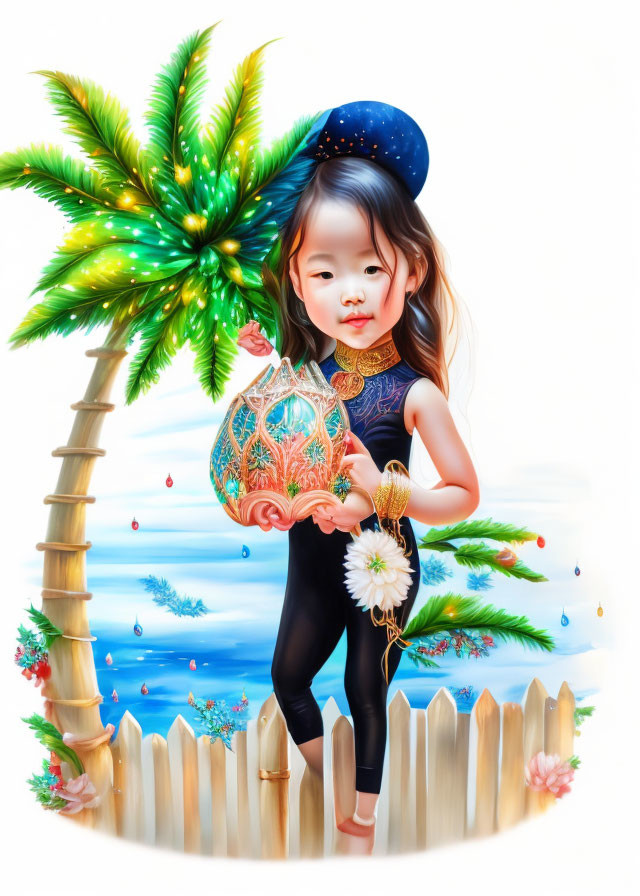 Young girl with glowing orb in fantasy seascape.
