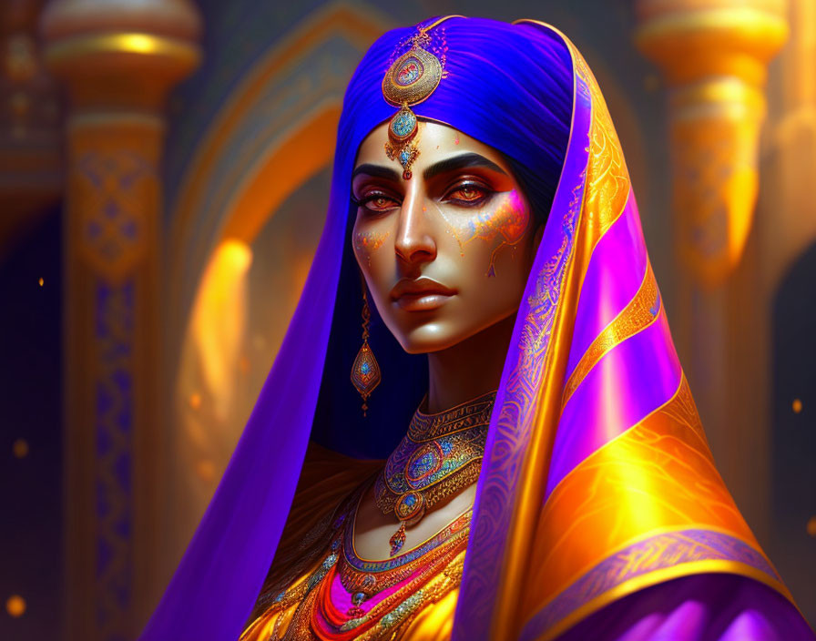 Detailed illustration of woman in blue headpiece and vibrant purple and gold saree with intricate jewelry.