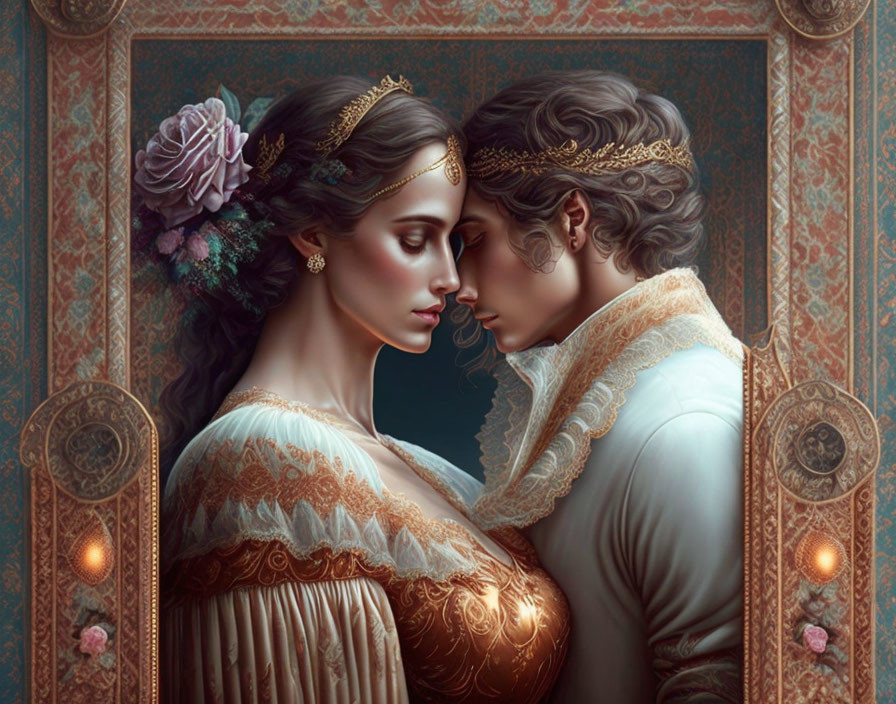 Romantic historical attire couple illustration with ornate floral backdrop