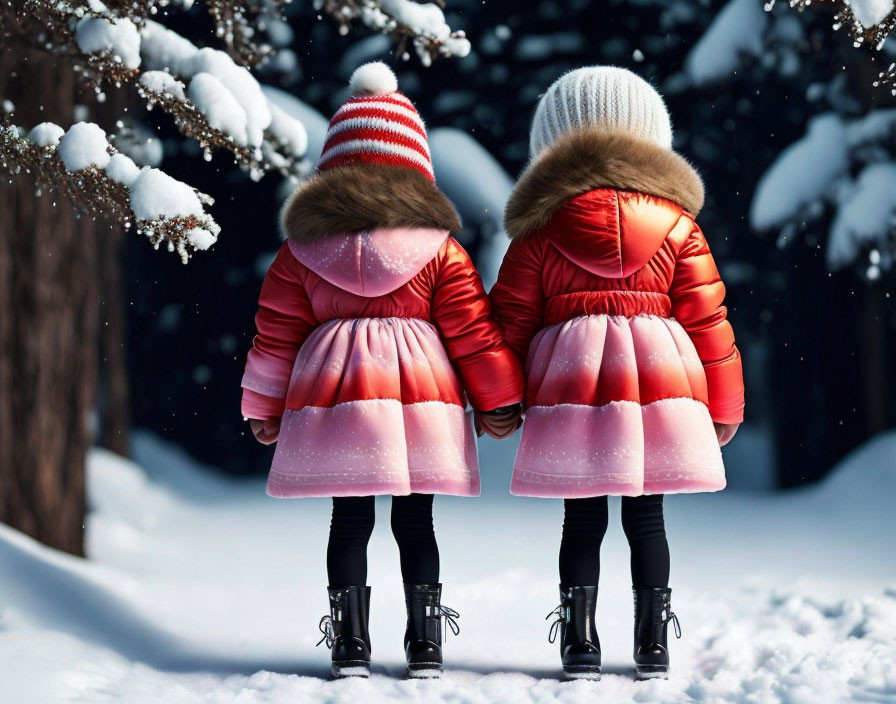 Children in Red Winter Coats Observing Snowy Scene