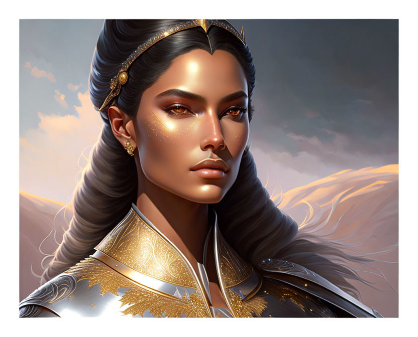 Regal woman in golden armor and headdress against glowing sky
