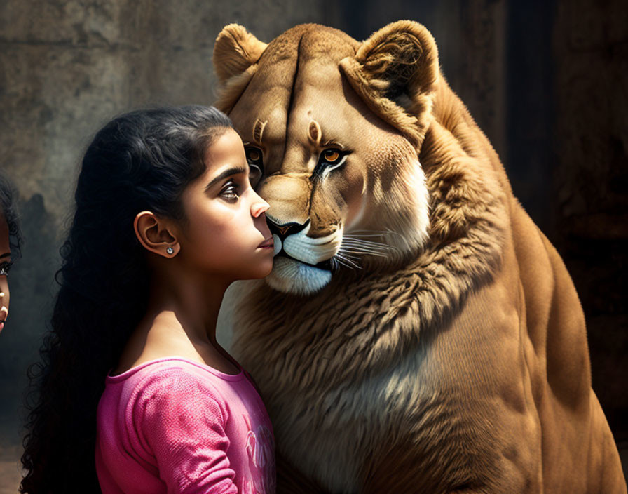 Young girl in pink shirt meets serene lion in close encounter