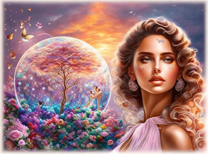 Digital artwork featuring woman with elaborate makeup near flowers and miniature couple under tree in transparent sphere against sunset sky