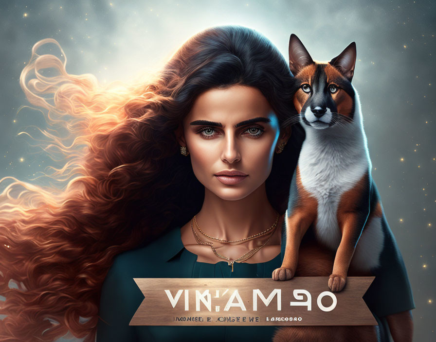 Stylized digital portrait of woman with blue eyes and red hair with Siamese cat on star