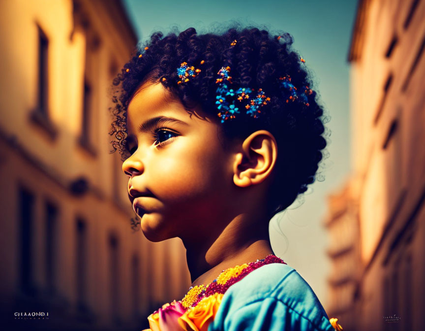 Curly-Haired Child with Beads in Urban Setting