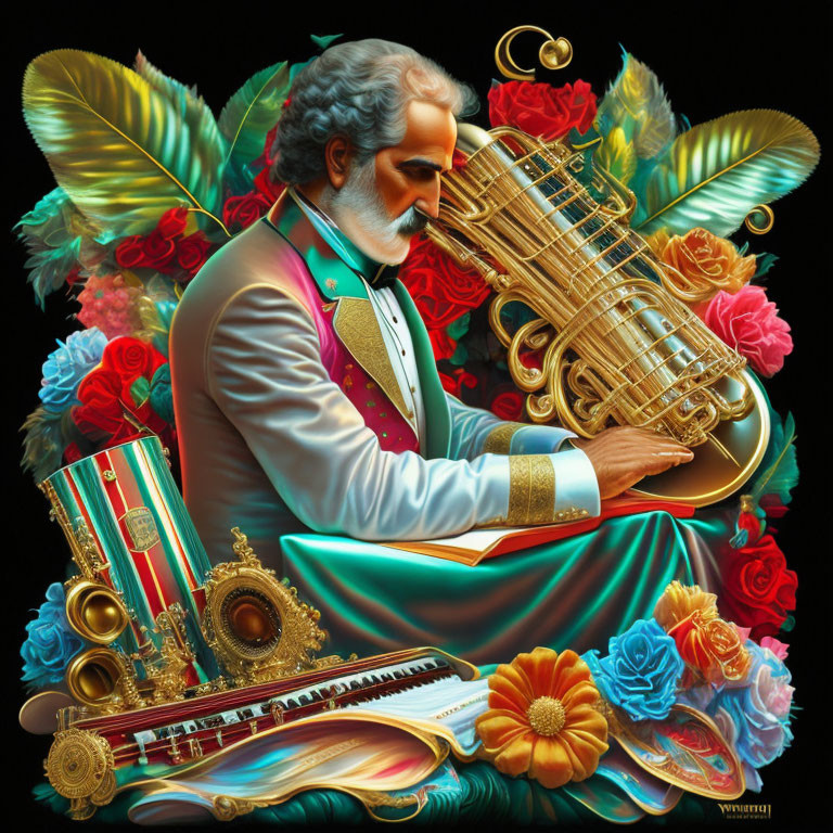 Colorful illustration of a man with a white beard playing a tuba amidst vibrant flowers, feathers,