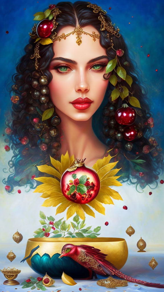 Illustrated woman with dark curly hair and fruits, next to cornucopia with pomegranate