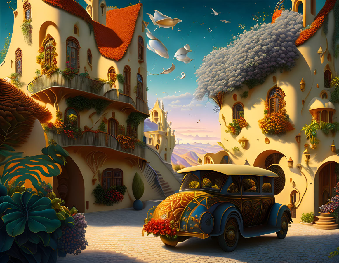 Whimsical cartoon village with ornate houses and vintage car